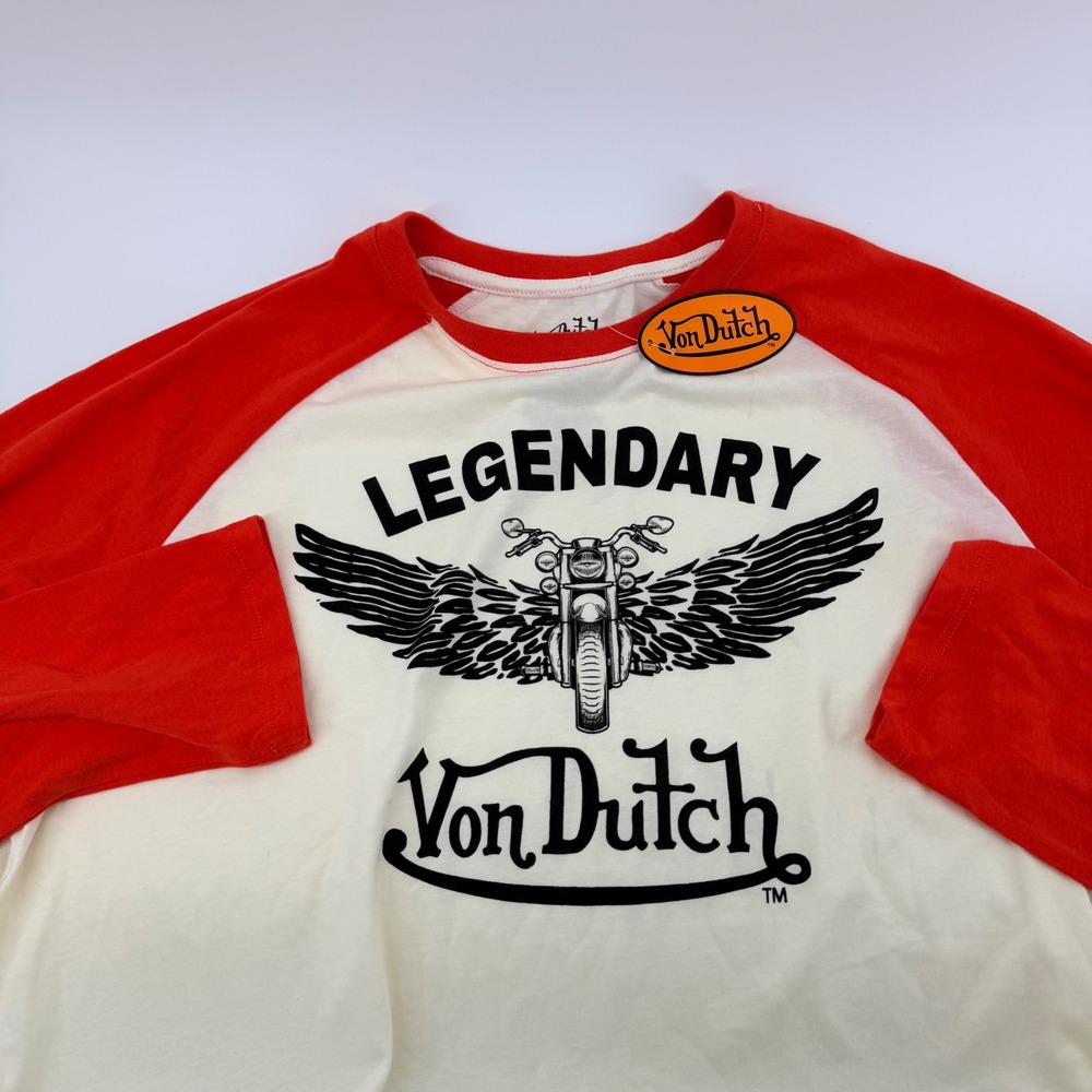 Von Dutch Legendary Motorcycle Graphic Raglan Long Sleeve Shirt L Orange Cream
